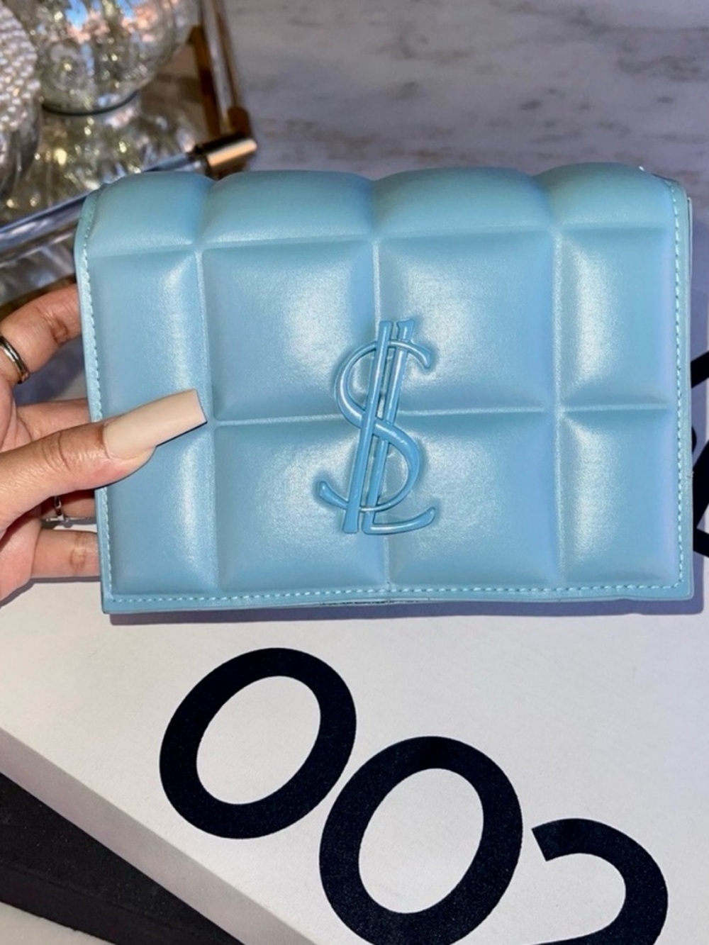 Sky Blue “Cash Bag Me”Inspired Quilted Lattice Textured Mini Bag,